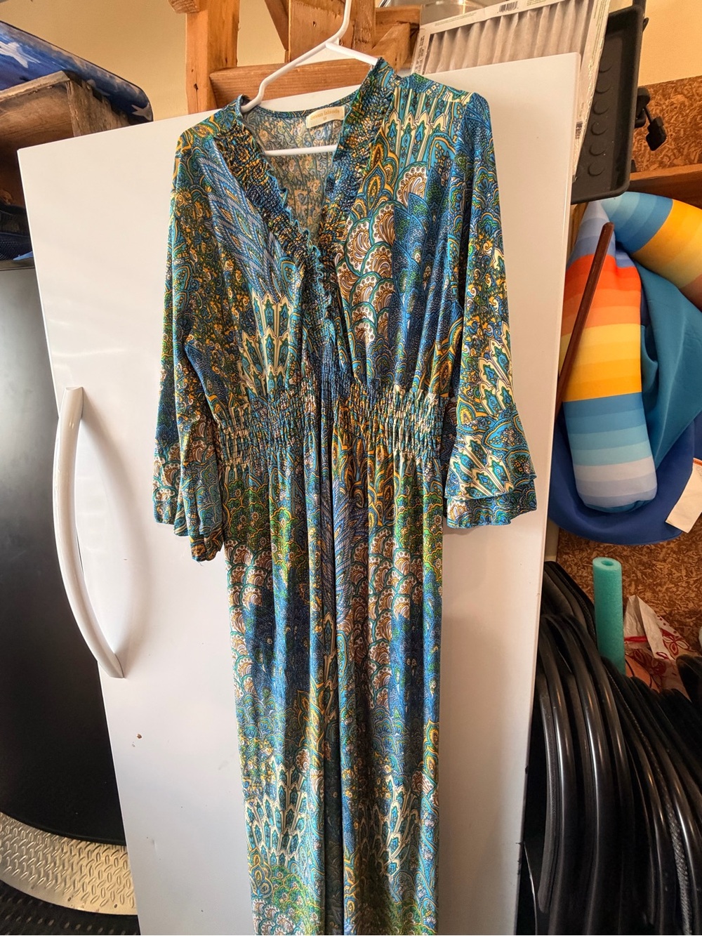 Smocked V-Neck Paisley Maxi Dress in Teal and Blue